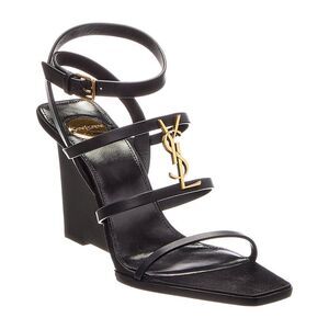 Saint Laurent Cassandra 90 Leather Wedge Sandal, Black